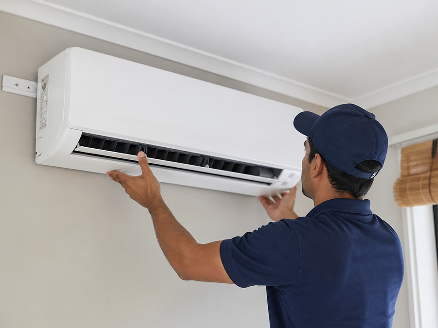 AC installation technician installing wall mounted air conditioner in modern home