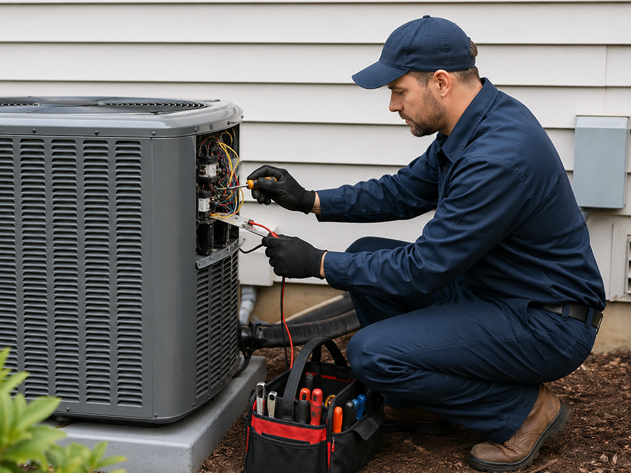 AC repair technician fixing outdoor HVAC unit wearing dark blue uniform