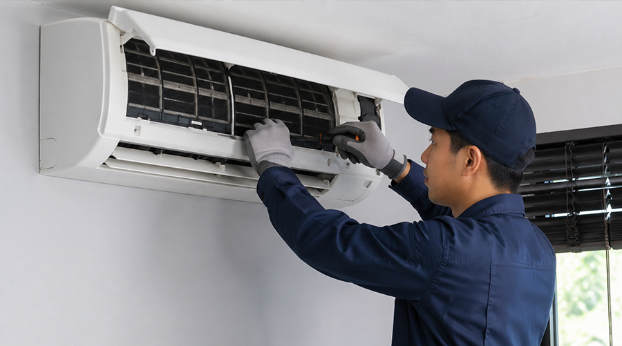 AC repair technician servicing wall-mounted air conditioner unit indoors