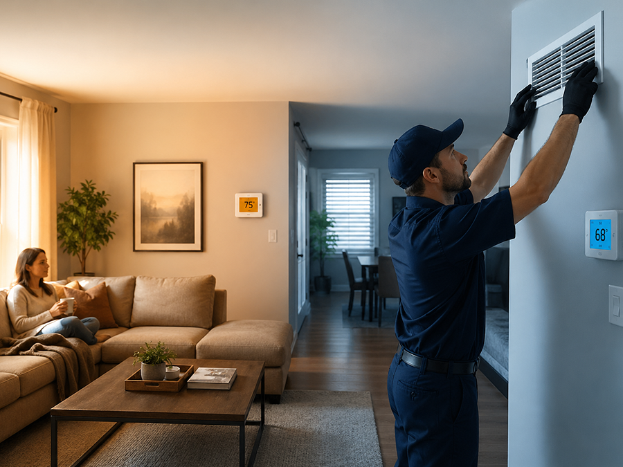 HVAC technician balancing airflow to fix uneven temperature in modern home