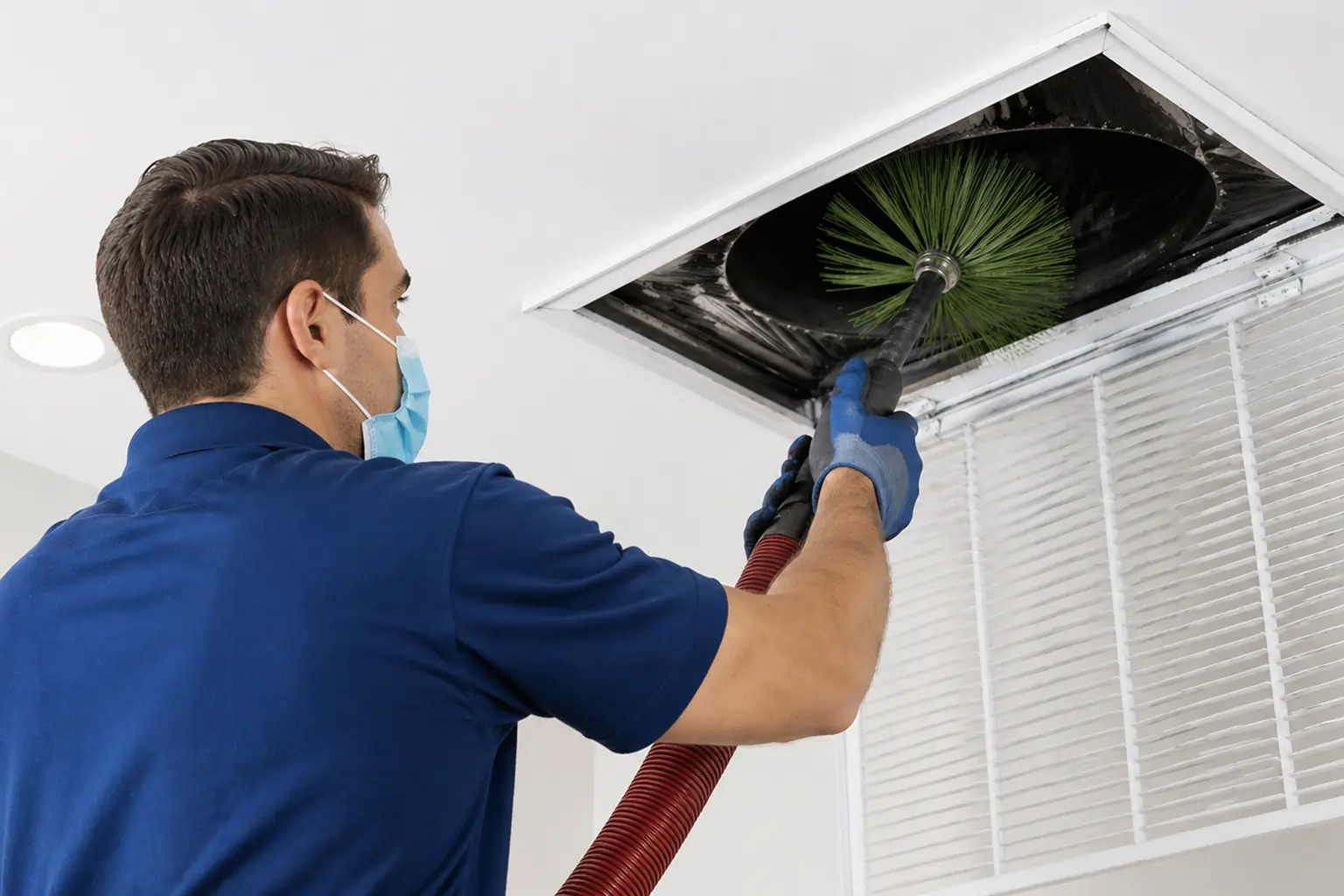 Air duct cleaning technician in blue uniform cleaning ceiling vent in modern home