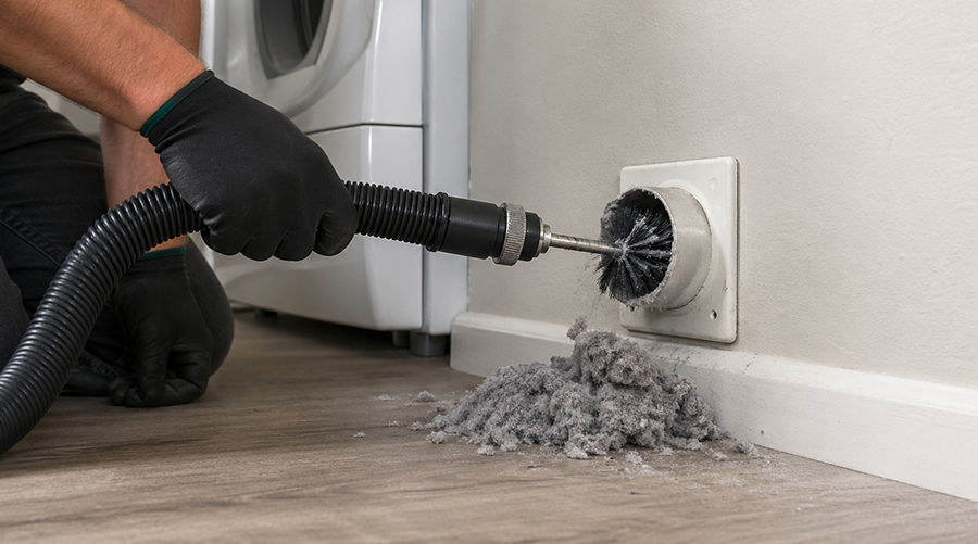 Dryer vent cleaning removing lint buildup from wall vent