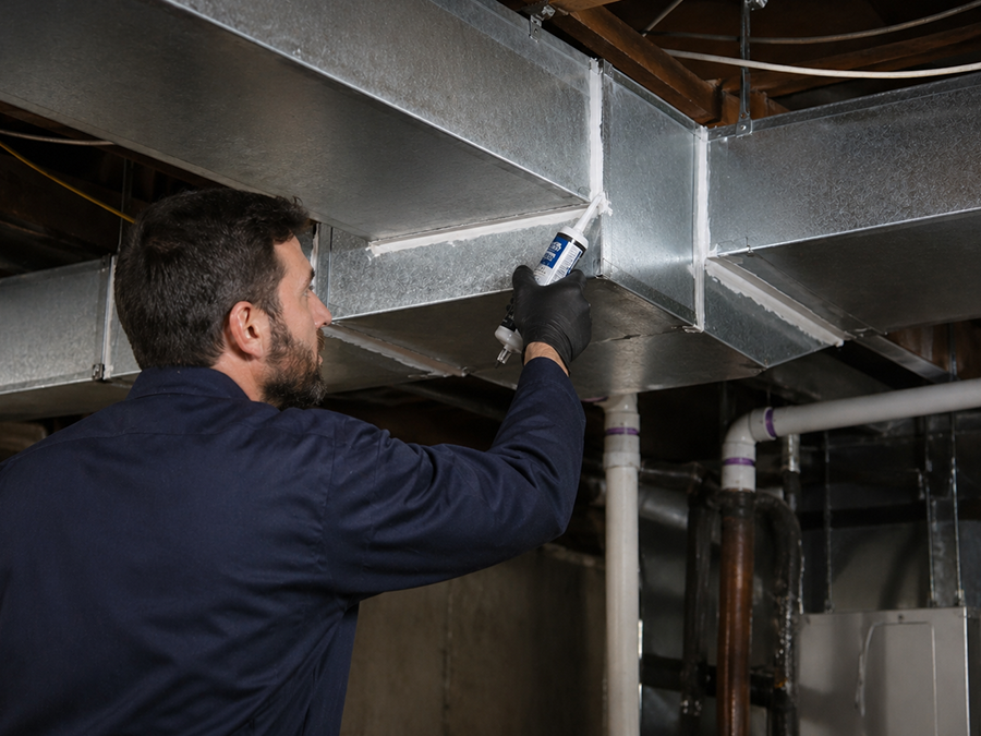 Duct sealing service technician applying sealant to HVAC ducts in basement