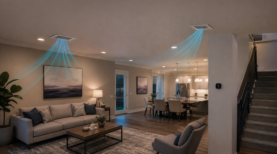 clean airflow from ceiling vents in modern home