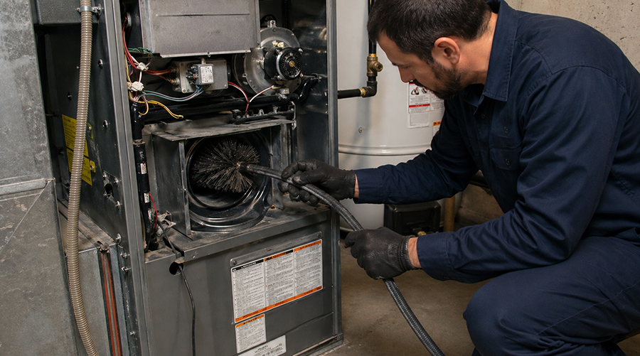 Furnace cleaning service with technician in dark blue uniform