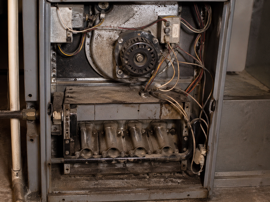 Dirty furnace interior with dust buildup and clogged burner system