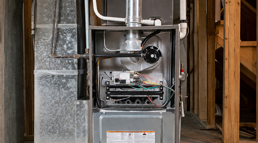 Clean furnace system in a modern basement with well-maintained HVAC unit and ductwork