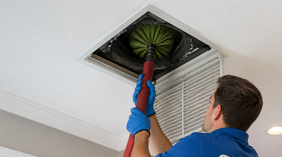 Air vent cleaning technician in blue uniform cleaning ceiling duct